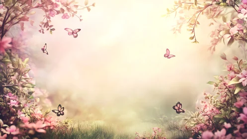 Spring Garden with Pink Flowers and Butterflies