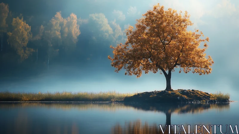 Solitary amber tree adrift in blue morning hush on water.