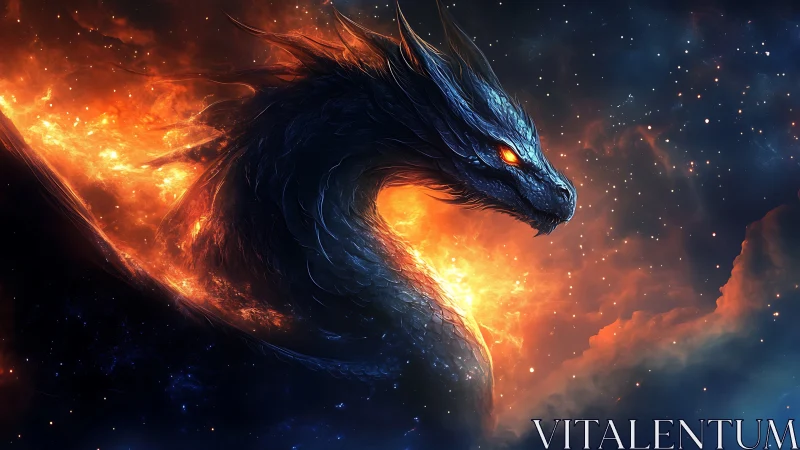 Fiery cosmic dragon with glowing eyes in deep space