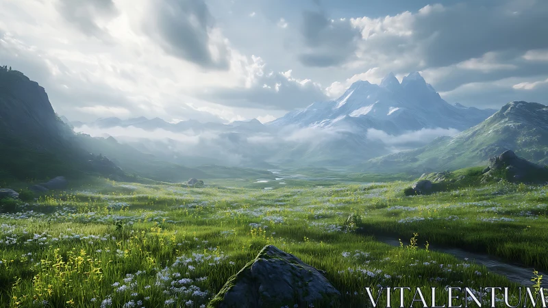 Sunlit alpine meadow recedes toward atmospheric mountain range