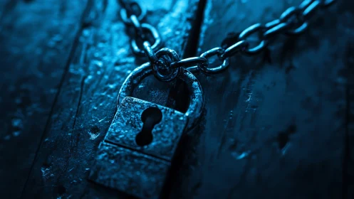 Rustic metal padlock in blue light on weathered wood surface.