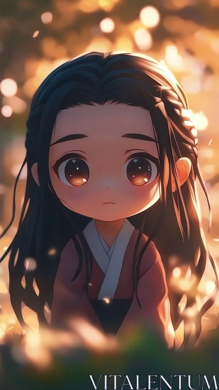 Chibi girl in hanbok stands in warm backlit bokeh glow