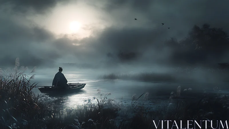 Solitary figure rows through mist-laden river at cold dawn