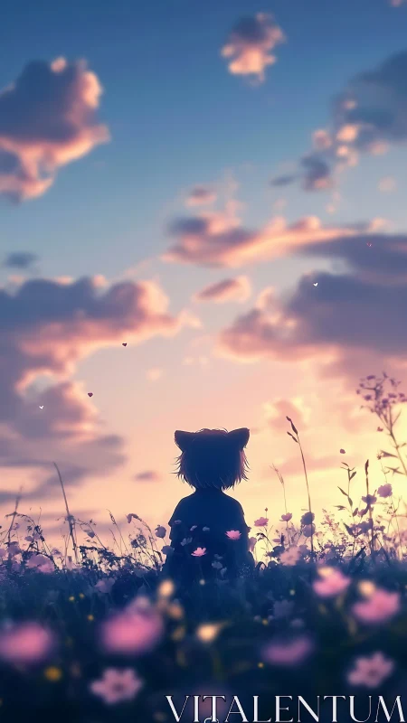 Silhouetted cat-eared figure in meadow under pastel sunset sky.