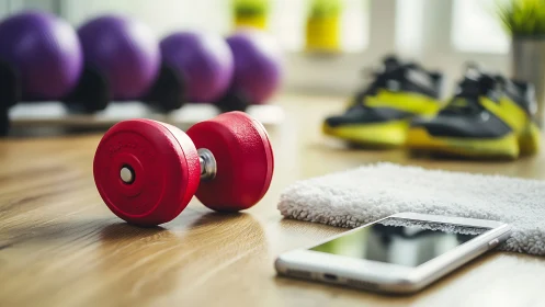 Red dumbbell, smartphone, and gym gear on wooden floor.