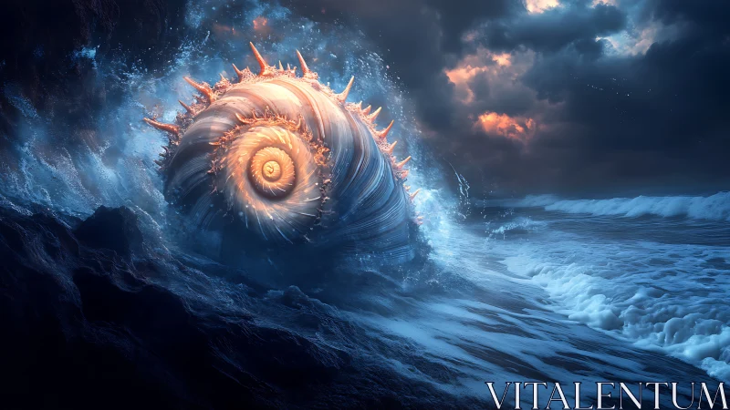 Tidal spiral leviathan ignites a storm-lit cosmic shoreline.