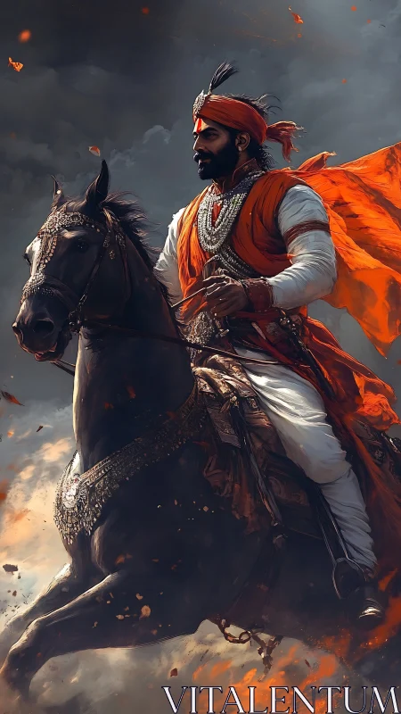 Gallant warrior in bright orange riding through swirling fire.