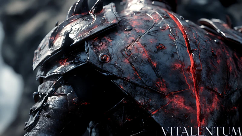 Heavily scarred black armor with molten crimson fissures.