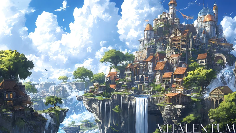 Floating cliff city with waterfalls under bright sky.
