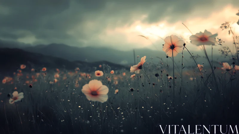Stormlit wildflower field glows softly under distant mountains