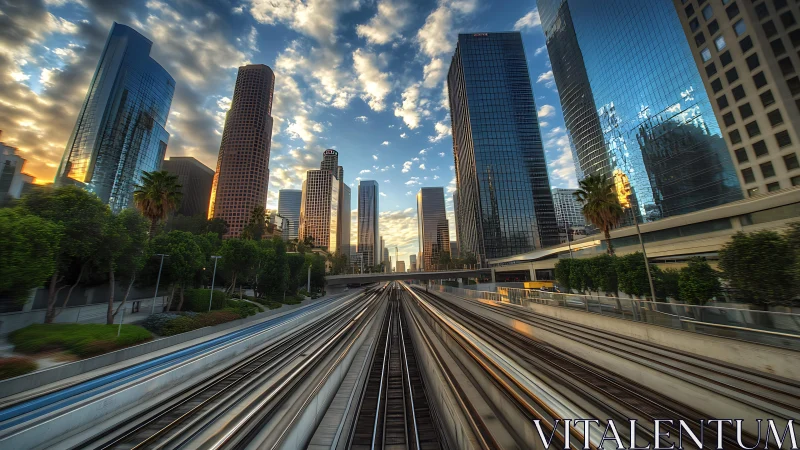 Urban rail lines converging through glass city skyline.