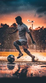 Sunset soccer stride through sparkling rain-soaked field.