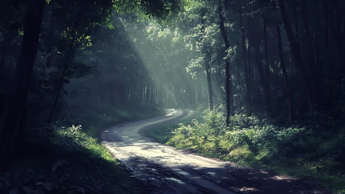 Forested Road with Overhead Canopy and Dappled Light