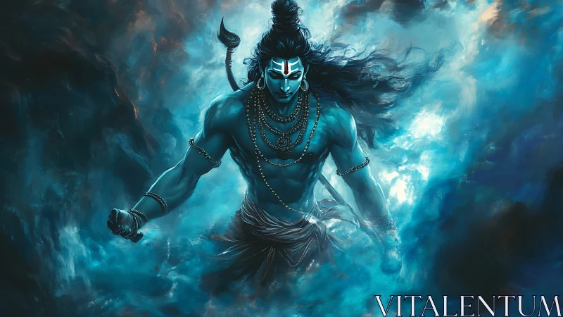 Digital painting of dynamic blue deity amid swirling mist.