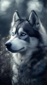 Blue eyed husky in soft focus outdoor portrait.