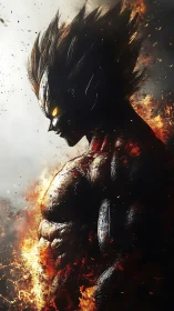 Infernal warrior profile rendered in high-contrast digital flame