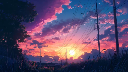 Sunset sky ignites over rural power lines and tall grass.