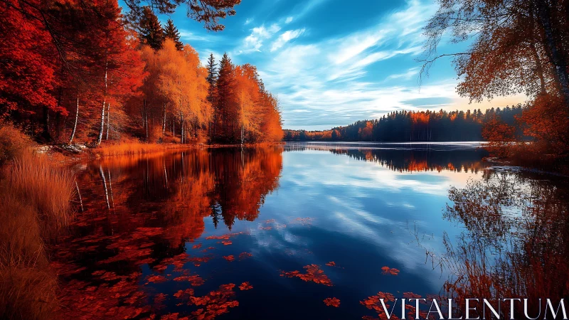 Digital painting of autumn lake with mirrored treeline symmetry.