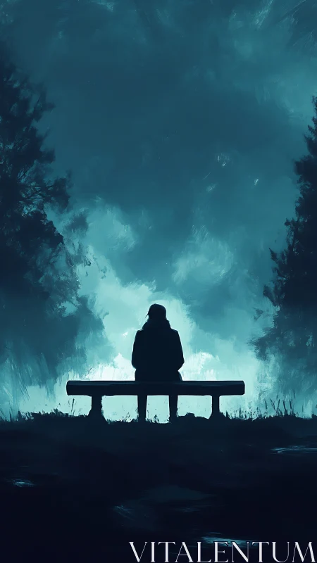 Solitary dreamer on a bench beneath whispering teal sky.