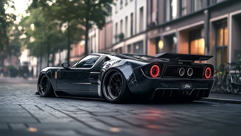 Low black supercar sits on wet cobblestone city street