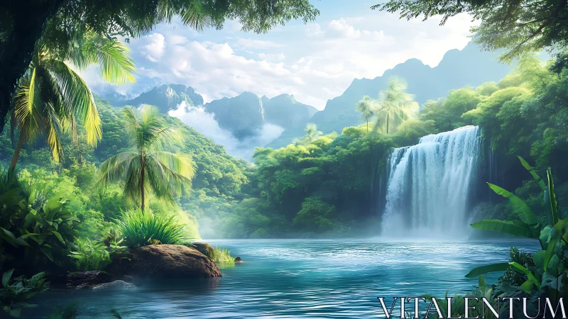 Lush tropical waterfall flows into calm turquoise jungle lake