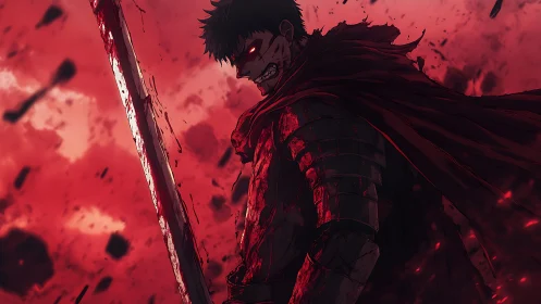 Bloodied swordsman stalks burning battlefield under red sky.