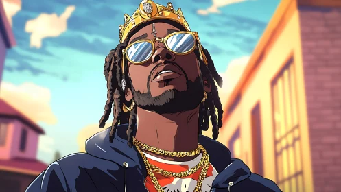 Golden crowned hip-hop king enjoys a sunlit city stroll