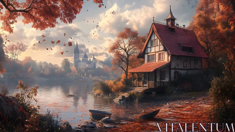 Lakeside autumn cottage rests beneath a distant fairytale castle
