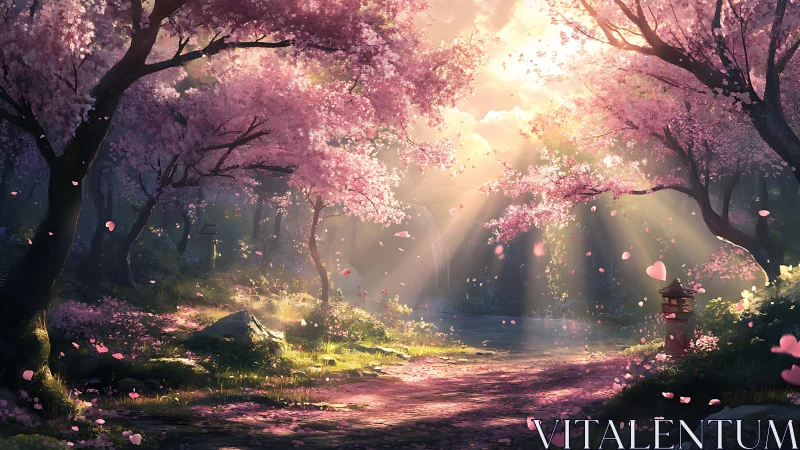 Radiant cherry blossom forest path with drifting petals.