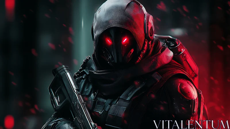 Red eyed cyber soldier standing in a storm of neon ash.