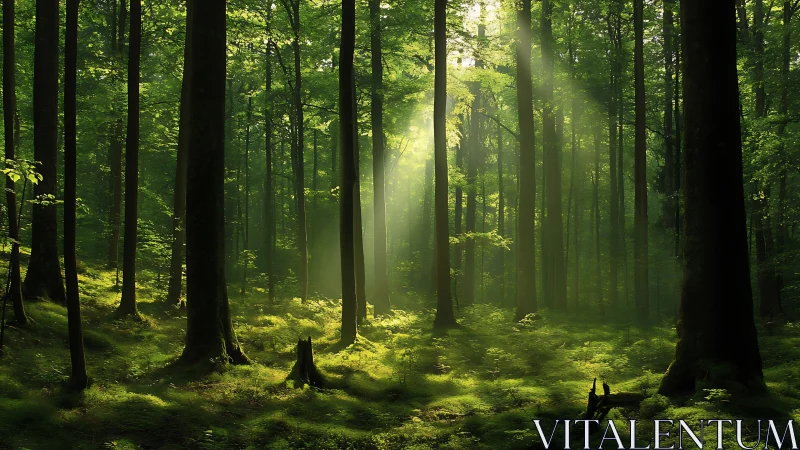 Temperate Deciduous Forest Canopy with Crepuscular Rays and Undergrowth