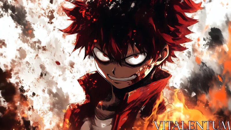 Intense anime boy with red hair surrounded by explosive fire.