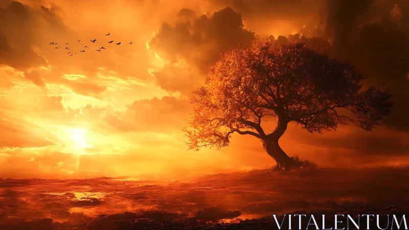 Glowing sunset tree bathes a quiet landscape in warm light