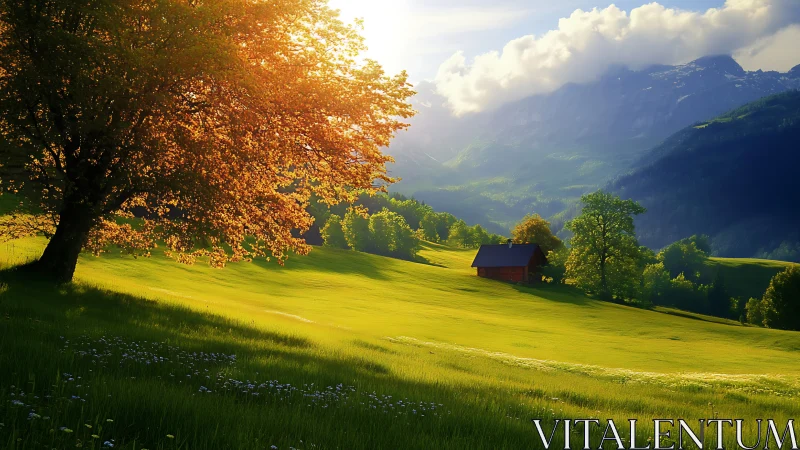Sunlit alpine meadow with lone cabin and backlit maple tree