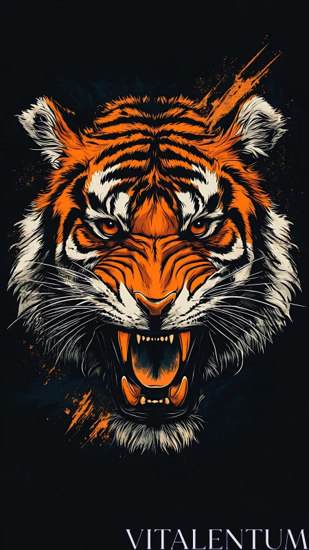 Stylized roaring tiger head on dark contrasting background.