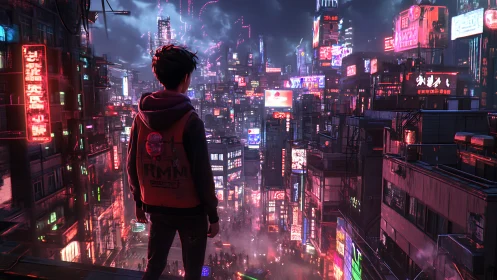 Solitary figure surveys neon-soaked cyberpunk megacity skyline
