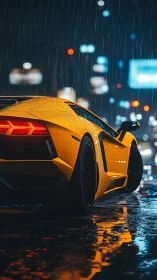 Yellow sports car in rainy neon city street at night.