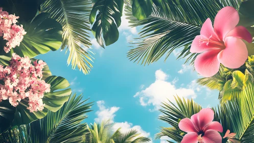 Tropical Floral Canopy with Pink Hibiscus and Palm Fronds Against Azure Sky