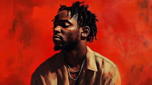 Crimson hush around a sunlit dreamer in quiet profile.