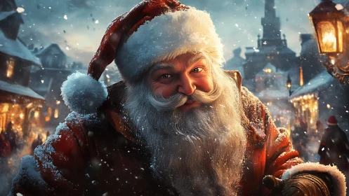 Close-up digital portrait of Santa in snowy village.