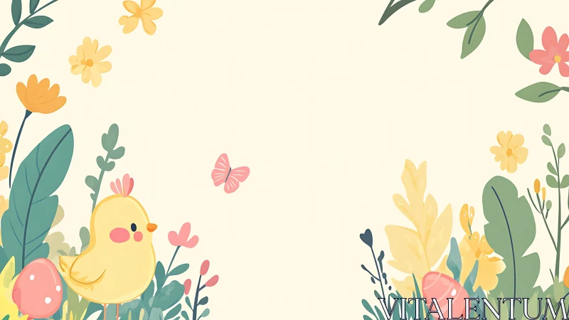 Pastel spring chick illustration framed by floral foliage