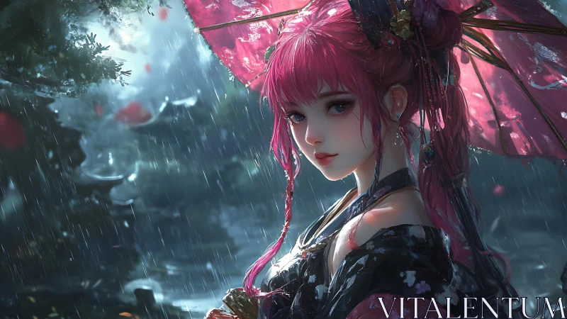 Rain-soaked pink-haired maiden under illuminated paper parasol