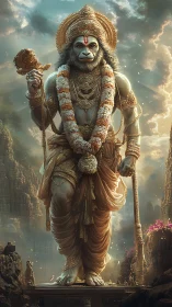 Majestic monkey god striding through misty temple skies.