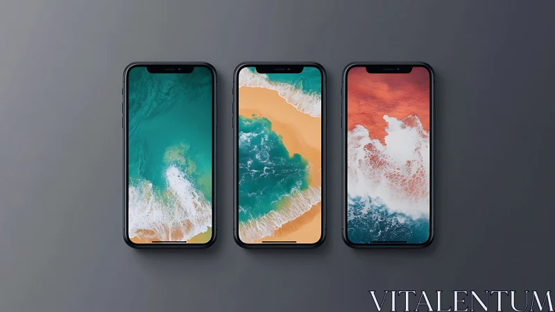 Triple smartphone lineup displays vivid ocean wave screens.