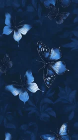 Midnight blue butterflies on dark botanical background.