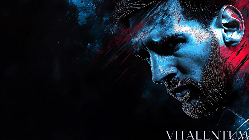 Digital blue and red profile portrait of bearded male face.