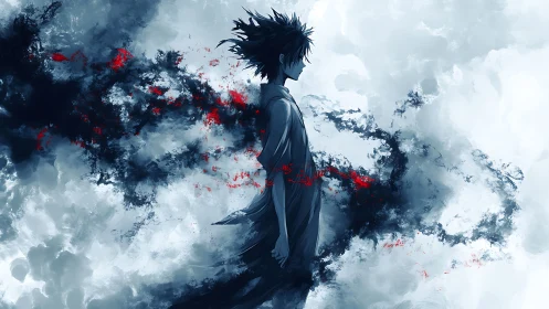 Solitary anime figure adrift in storm of ink and ember.