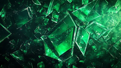Translucent green glass shards form dense angular structure