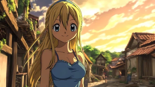 Sunlit village stroll with a bright-eyed blonde heroine.