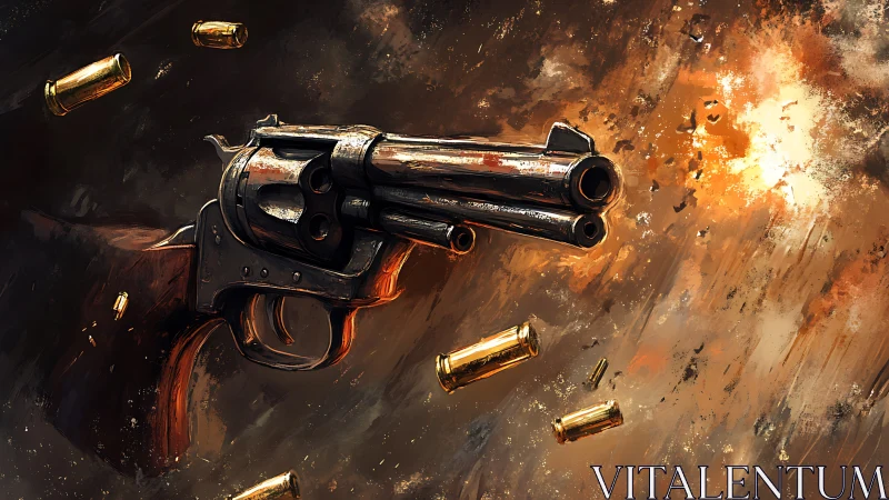 Revolver erupts amid spent shells and blazing muzzle flash.